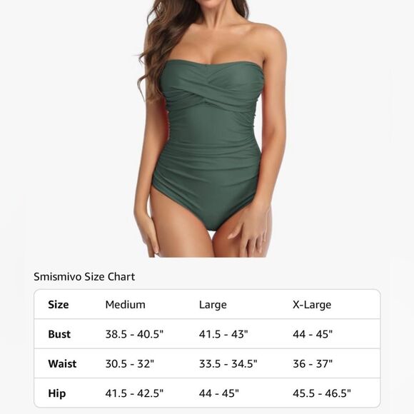 Smismivo Strapless One Piece Tummy Control Swimsuit Ruched Bandeau Olive Green L - Picture 11 of 11